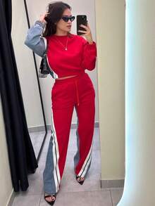 Valentine's Day, Date Night Outfit, Gifts For Her Magic Mia Women's Denim Patchwork Co-Ord Set - Matching Jeans Set With Color Block Design | Long Sleeve Tracksuit & Contrast Stitching For Streetwear Athleisure Fall And Winter - Đỏ - Xem 3