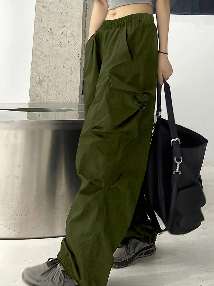 1pc Girl's Solid Color Loose Comfortable Casual Outdoor Sports Cargo Pants, Spring/Autumn - Army Green - View 5