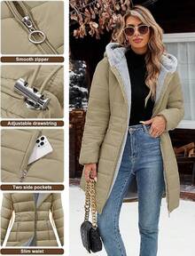 Women's Winter Windproof Fur Warm Slim Fit Down Jacket - Long Ski Coat For Commuting - Khaki - View 4