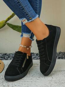 Women's New Blue Snake Skin Pattern Classic Side Zipper Casual Shoes, Fashion Versatile Lace-Up Platform Sneakers, Thick Sole Increase Height, Suitable For Students, Running, Hiking, Skateboarding - Black - View 4