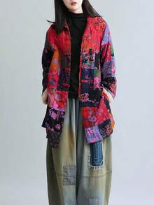 LUZU JUNU Women's Trench Coat Floral Print Long Cotton Linen Jacke Cottagecore Clothing Patchwork Outwear Bohemian Unique - 玫瑰夾克毛絨襯裡 - 查看 2