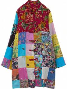 LUZU JUNU Women's Trench Coat Floral Print Long Cotton Linen Jacke Cottagecore Clothing Patchwork Outwear Bohemian Unique - 復古灰色夾克 - 查看 2