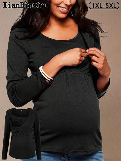 1 件女士加大码及孕妇圆领针织长袖哺乳休闲 T 恤，黑色