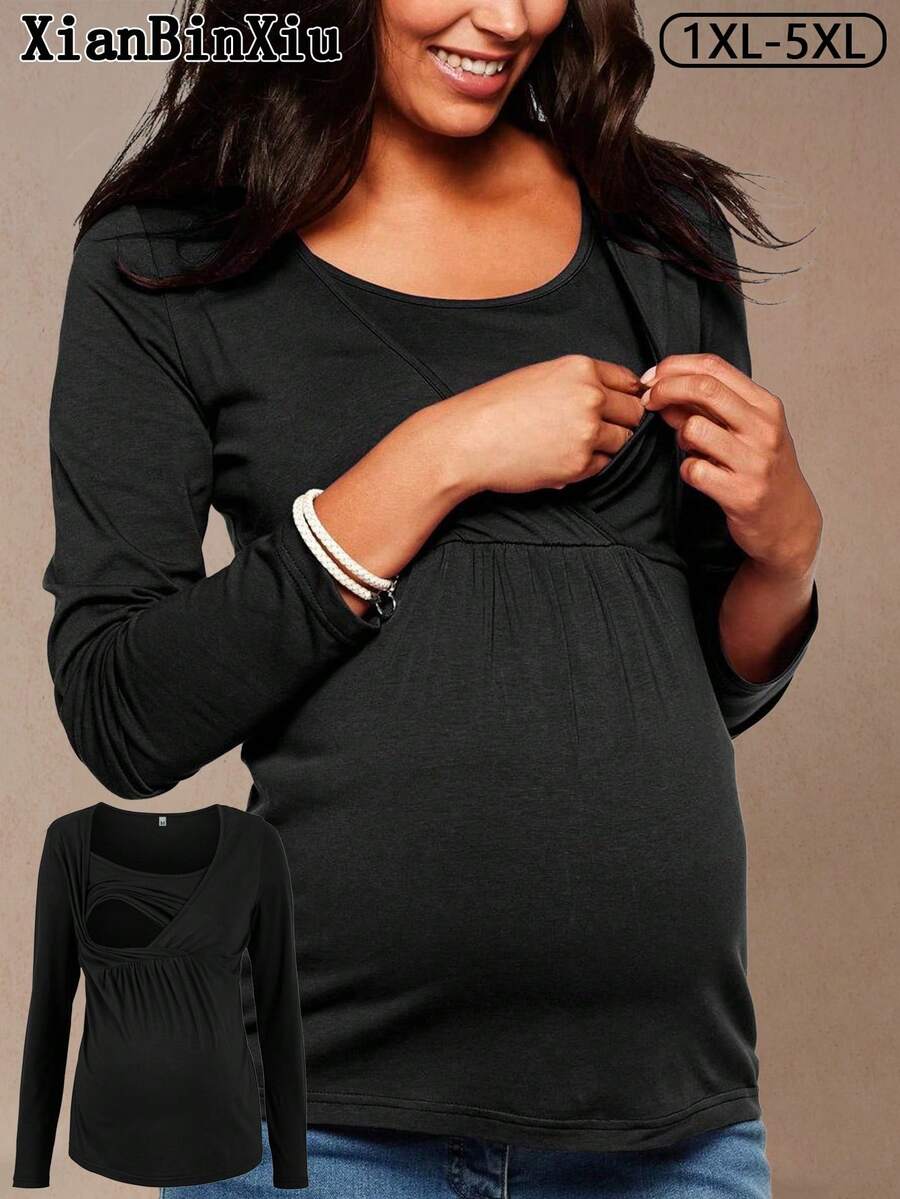1 pièce T-shirt casual d'allaitement à manches longues en tricot, col rond, grande taille et maternité, noir - Noir - Voir 1