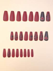 用24片棺材形美甲贴片表达你的爱意，甜美酷炫的黑色爱心、黑色树叶、红色美甲、时尚酒红色爱心、白色爱心条纹、黑色美甲，全覆盖假指甲套装，适合女性和女孩。套装包含美甲沙龙专用凝胶、1片果冻胶和1个指甲锉。凝胶条纹随机发货。 - 紅色 - 查看 2