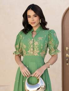 Elegant Midi Dress In 3D Embroidery, Lined, Princess Puff Sleeve, Ruffle Hem - màu xanh lá - Xem 3