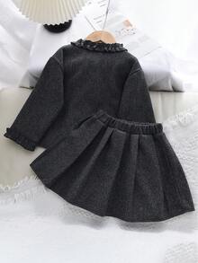 2pcs Girls Winter Outfit, Gray Tweed Long Sleeve Single-Breasted Pocket Jacket And Pleated Skirt Set - Grey - View 2
