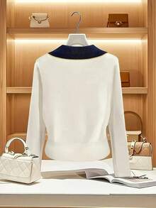 Áo khoác cardigan dệt kim hình thoi cỡ lớn dành cho nữ, cổ áo cài nút phía trước, tay dài kiểu dáng thông thường, chất liệu dệt kim co giãn vừa phải, kiểu dáng cổ điển đa năng, phù hợp cho đi làm hàng ngày, áo len mùa thu đông dành cho nữ màu trắng. - trắng - Xem 2