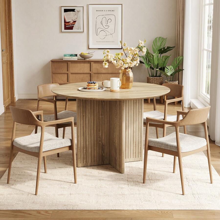 LITTLE TREE 39" Round Dining Table For 4, Farmhouse Kitchen Table With Sturdy Fluted Wooden Base, Modern Small Circle Dinner Table For Dining Room, Living Room - 淺棕色 - 查看 1