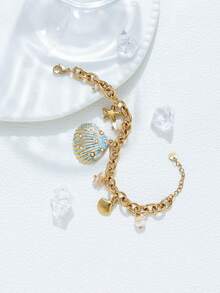 Mazuer 1pc 18K Gold Plated Colorful Vintage Elegant Summer Beach Boho Style Pearl Shell Multi-Pendant Bracelet, Gift For Girlfriend, Graduation, Thanksgiving, New Year, Valentine's Day, Festivals, Parties, Daily Wear, Vacation