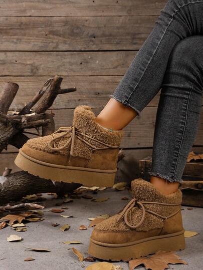 Women's Thick Sole Winter Shoes, Casual Short Lace-Up Ankle Boots With Thermal Lining, Warm For Autumn/Winter,Fur Boots