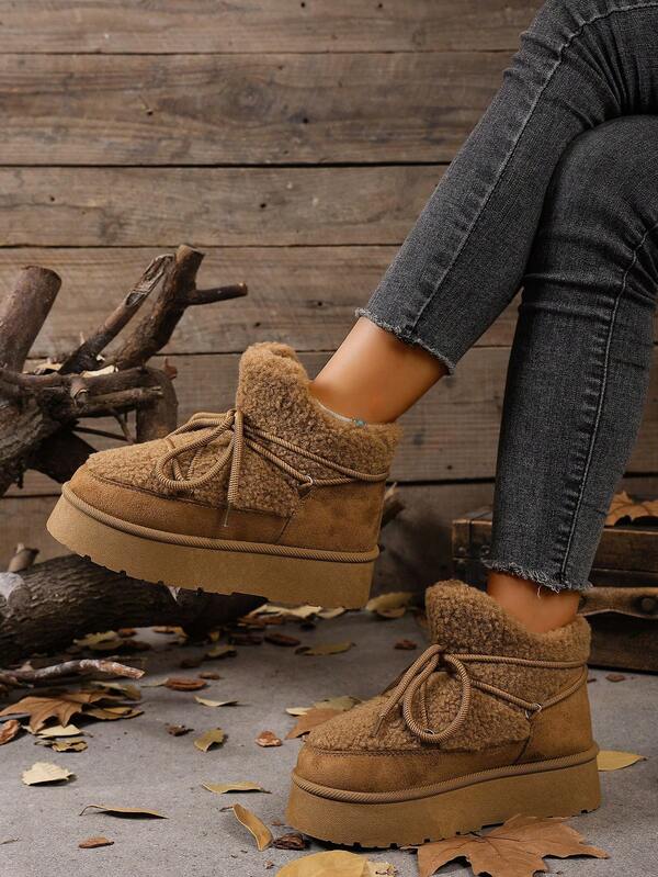 Women's Thick Sole Winter Shoes, Casual Short Lace-Up Ankle Boots With Thermal Lining, Warm For Autumn/Winter,Fur Boots