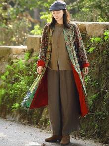 LUZU JUNU Women's Trench Coat Floral Print Long Cotton Linen Jacke Cottagecore Clothing Patchwork Outwear Bohemian Unique - 綠色 - 查看 8