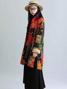LUZU JUNU Women's Trench Coat Floral Print Long Cotton Linen Jacke Cottagecore Clothing Patchwork Outwear Bohemian Unique - 黃色夾克毛絨襯裡 - 查看 5