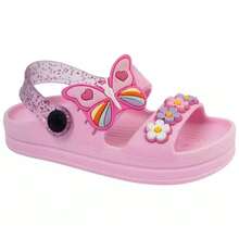 Sandalia Infantil Bebe Papete Menina Flor Borboleta Emborrachado Confortavel Macio Antiderrapante - Rosa Bebê - Visão 2