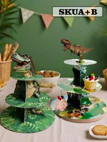 3-Tier Dinosaur Theme Disposable Cake Stand, Dinosaur Egg Cake Stand, Tyrannosaurus Rex Cake Stand, Paper Cake Tray, Cupcake Stand, Suitable For Halloween, Birthday Party, Family Gathering, Christmas, Jurassic Theme Party, Non-Food Contact