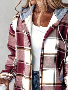 Women's Autumn Winter Clothing Casual Plaid Hooded Jacket Coat - 紅色 - 查看 4