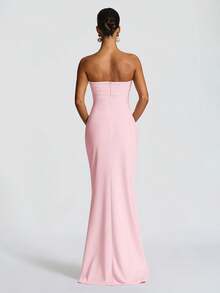 露背修身开衩连衣裙，配腰带，伴娘礼服，万圣节派对礼服，圣诞节派对礼服，优雅 - 粉色 - 查看 3