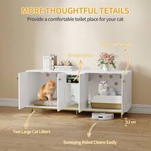 HaluPeit Cat Cabinet For 2 Cats, Litter Box Cabinet, Hidden Cat House With Double Rooms, With Storage Space, Plush Balls, Can Be Used As A TV Cabinet, 140 X 48 X 62 Cm, White And Gold - 白色 - 查看 3