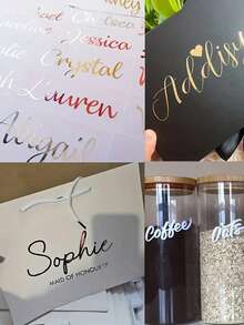 5pcs Customized Name Label Stickers, Name Decals, Personalized Stickers, Name Stickers, Date Stickers, DIY Gifts, Handmade, Handwritten Font, Wedding Stickers, Gift Stickers. Customizable Holographic Name Stickers, Suitable For Water Bottles. - Multicolor - View 5