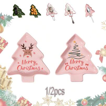1/2 peças de pratos de cerâmica para servir no Natal, prato decorativo em formato de árvore de Natal para servir aperitivos, pratos de cerâmica versáteis em formato de árvore/descanso de colher/porta-joias para decoração de festa de Natal e presente para cozinha, quarto (6,3 pol. x 5,4 pol.)
