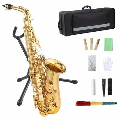  Huisuilinss Alto Saxophone,AS-100 Eb Gold Lacquer SAX,Alto Sax Full Kit With Cleaning Cloth,Gloves,Brush,Headjoint,Strap,Stand,Tube Case,Saxophones Instrument For Beginners And Professional