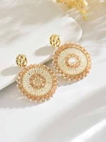 1 Pair Handmade Woven Disc Retro Earrings With Colored Beads, Bohemian Style Suitable For Women's Daily Wear (Bead Colors And Positions Randomly Handcrafted) - Champagne - View 5