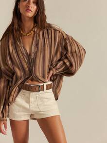 Womens Button Down Shirts Cotton Striped Dress Shirt Long Sleeve Collared Office Work Blouses Tops - màu nâu - Xem 1