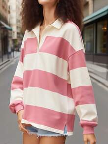 Y2k Women Striped Rugby Polo Shirt Long Sleeve Collared Oversized Vneck Sweatshirt Vintage Jersey Girls Streetwear - 紅色 - 查看 4