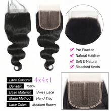 BINF 16A Brazilian Body Wave Strap Closure, 100% Virgin Remy Real Hair Hair Curtain Body Wave Real Hair Strap 4 * 4 Swiss Lace Closure Suitable For Daily Use, Parties, And Beginner Friendly Easy To Install,Hair Extensions Christmas Body Wave Bundles Real Human Hair - Natural Black - Xem 4
