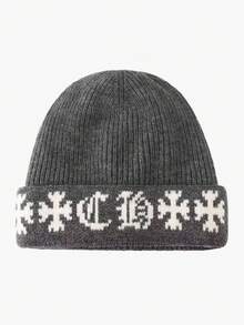 1pc Vintage Knit Hat, Unisex Warm Double-Layer Knitted Cap, Thick Large Circumference Beanie, Brand, Suitable For Autumn/Winter - Multicolor - View 4