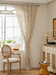 1pc Rustic Floral Curtain, Rectangular With Tassels Decor, Semi-Sheer Pole Top Curtain, Suitable For Bedroom, Living Room, Kitchen, Balcony, Patio, Study, Dining Room, Room Divider, Indoor Home Decor, All Season