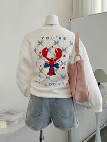 GLOpass Women's Fashionable Versatile Lobster Print Long Sleeve Sweatshirt, Crew Neck Loose Fit Casual Pullover, Suitable For Daily Wear, Travel, Airport