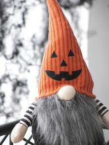8.3x4.7x23.5" Fabric Sitting Gnome With Orange Knit Hat, For Halloween Decor