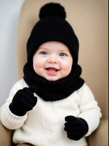 3件套针织帽+手套+围巾，A-Z字母针织帽配黑色手套，女婴帽，儿童针织帽，婴儿配饰，童帽，弹性幼儿男女童帽，1-3岁 - 彩色 - 查看 3