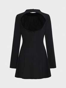Elegant Basic Business Commuter Blazer Dress, Waist-Cinched Backless Long Sleeve Dress