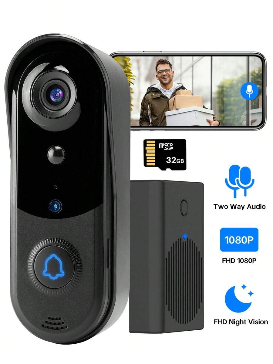 1080P Wireless Video Doorbell Camera With Indoor Chime, HD Live View, HD Night Vision, Two-Way Talks, Outdoor Waterproof, Free Cloud Storage And 32G SD Card, Motion Detection And Human Detection, Offline Work, Easy To Insallation - 黑色 - 查看 1