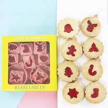 10pcs Christmas Cookie Cutters, 32 Shapes DIY Round Cake Mold, Cream & Jam Filled Cookie Baking Mold Set Christmas Christmas Decorations Christmas Pajamas Christmas Gifts Christmas Decor - Pink - View 1