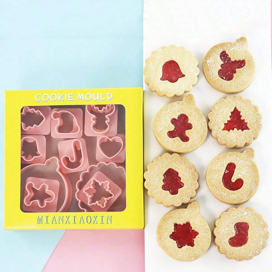 10pcs Christmas Cookie Cutters, 32 Shapes DIY Round Cake Mold, Cream & Jam Filled Cookie Baking Mold Set Christmas Christmas Decorations Christmas Pajamas Christmas Gifts Christmas Decor - Pink - View 1