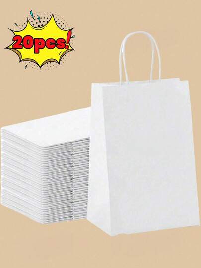 20pcs Pure White Kraft Paper Bags, Kraft Paper Shopping Bags, Kraft Paper Gift Bags, Birthday Gift Bags, Handled Bags, Suitable For Small Businesses, Shopping, Retail, Parties, Merchandise, Gifts (Christmas, Halloween, Back To School Seasonal Gift Bags)