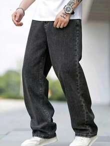 Men's Traditional Jeans, Straight, Loose, Top Quality, All Loose, Button, Zipper, Pocket - Xám đậm - Xem 3