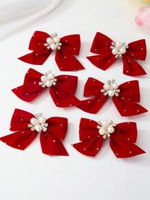 5pcs/Set Girls Velvet Butterfly Clips With Pearl Flower Decor, Red Fabric Hair Clips, Barrettes, Side Clips, Bangs Clips, Rhinestone Hair Accessories, Suitable For Valentine's Day, Christmas, Daily Use - Red - View 7