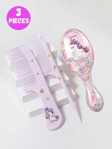 3件套时尚女童发梳套装 - 便携式防静电塑料梳子，可爱图案 | 适合日常使用和旅行，女童发饰 - 彩色 - 查看 12
