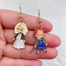 2pcs New Halloween Enamel Earrings Christmas Night Horror Movie Cartoon Character Asymmetric Earrings For Women Jewelry Wholesale, New Earrings For Women, Large Silvery And Black Mixed Earrings, Light Weight Big Earrings, Vintage Clip On Earrings Women, Dangling Hanging Cute Earrings, Geometric Dangle Earrings, Long Beaded Earrings, Earrings Dangling,  Style Earrings For Women, Vintage Golden Earrings For Women, Holiday Earrings, Costume Jewelry, Asymmetric Design, - 2 chiếc - Xem 6
