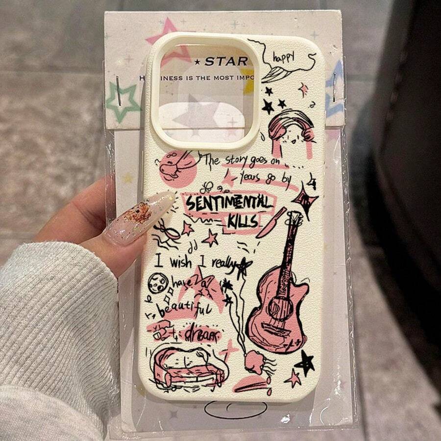 1pc TPU Material Graffiti Music Guitar Cool Pattern Phone Case Compatible With Apple/ Phones - White - View 1