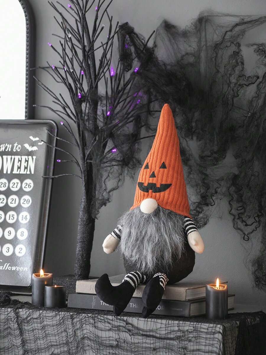 8.3x4.7x23.5" Fabric Sitting Gnome With Orange Knit Hat, For Halloween Decor
