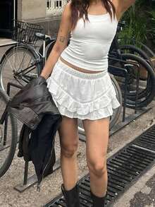 Womens Layered Ruffle Shorts Solid Color Elastic Waist Loose Shorts Summer Streetwear - White - View 3