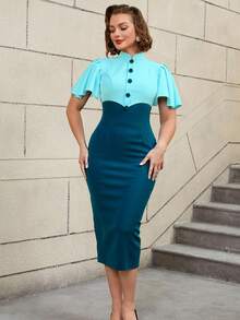 AOMEI Women's Button Design Elegant Contrast Color Ruffle Sleeve Bodycon Dress - Blue - View 3