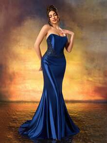 Women's Elegant Lace One Shoulder Cocktail Dress,Luxury Shiny Diamonds Prom Gown,Sparkling Dress,For Party,Wedding Guest,Dinner Party - Navy Blue - View 7