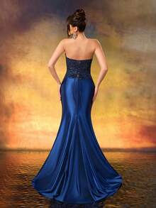 Women's Elegant Lace One Shoulder Cocktail Dress,Luxury Shiny Diamonds Prom Gown,Sparkling Dress,For Party,Wedding Guest,Dinner Party - Navy Blue - View 3